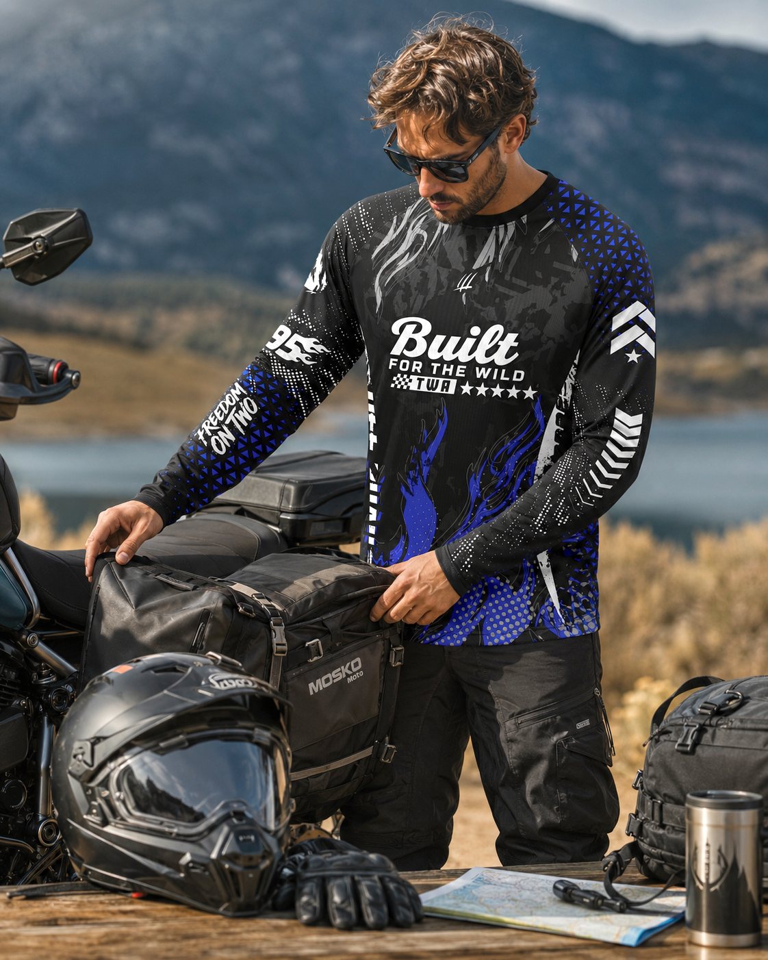 Man in motorcycle gear with 'Built for the Wild' shirt by a motorcycle in a scenic outdoor setting.