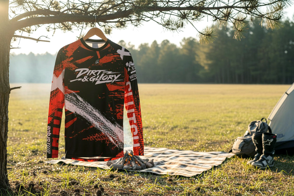Red and black ' dirt & Glory' shirt hanging on a tree branch in a field with a tent in the background.