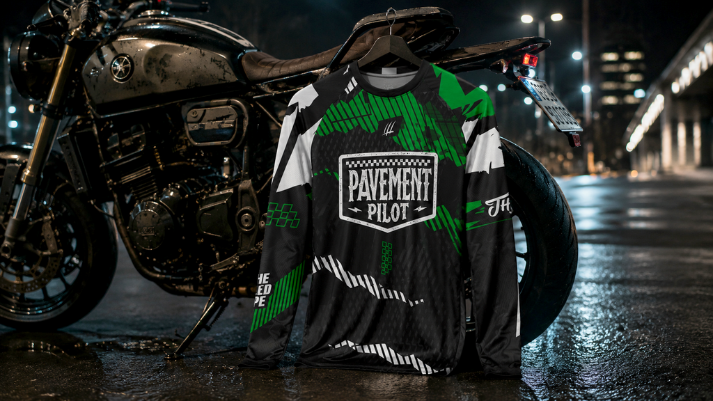 Motorcycle with a t-shirt featuring 'Pavement Pilot' branding on a wet street at night.