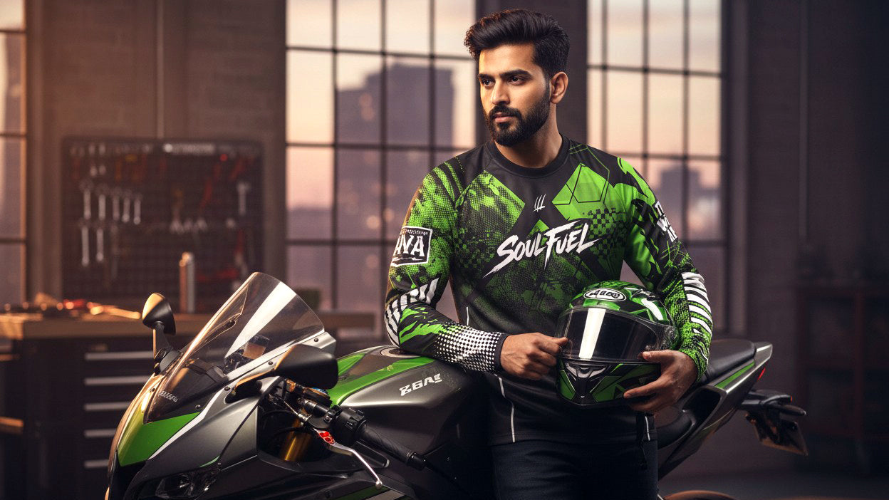 Man in a green and black racing suit holding a helmet next to a motorcycle in a workshop.