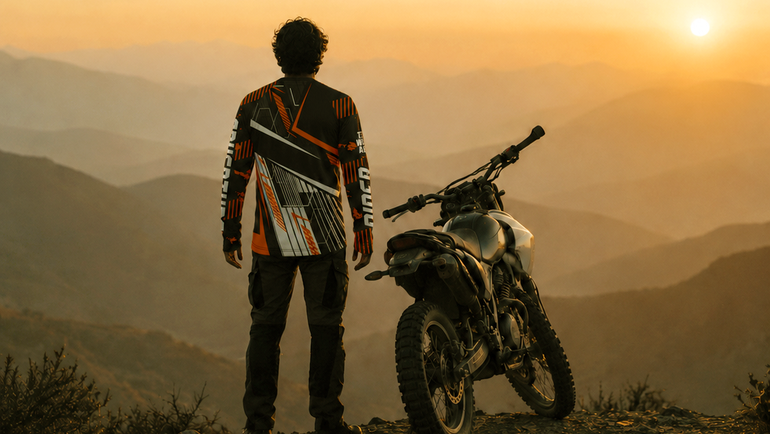 Person standing next to a motorcycle with a sunset and mountainous landscape, featuring the quote 'Less Traveled. More Lived.