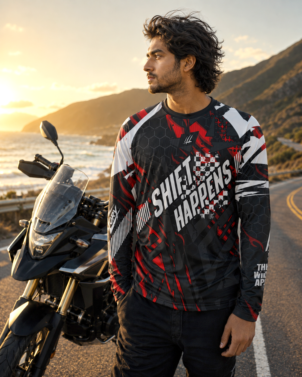 Man wearing a motorcycle jersey with text standing next to a motorcycle on a scenic road.