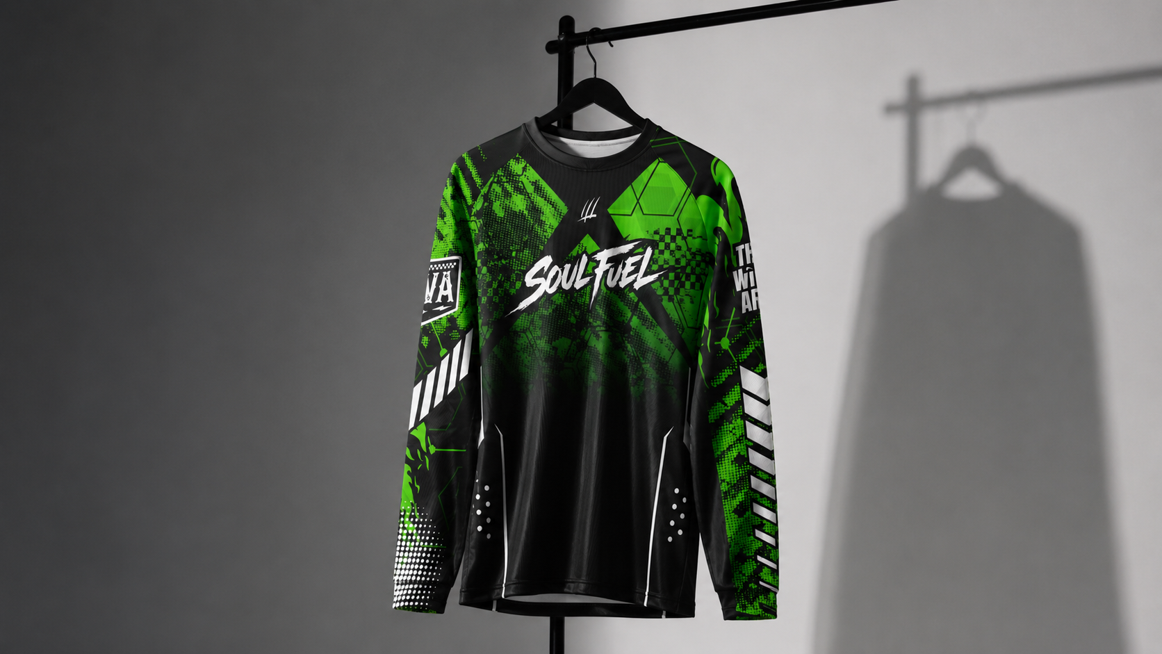 Green and black jersey with 'Soul Fuel' branding on a gray background